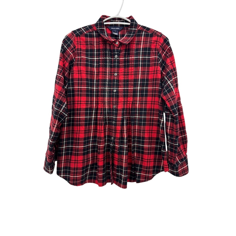Ralph Lauren Girls Size 14 Red Black Plaid Pleated Button-Front Shirt